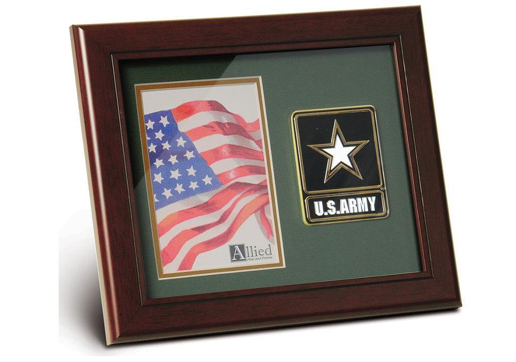 Go Army Medallion Portrait Picture Frame in mahogany wood with Army Green matting and gold trim, designed for 4x6 inch photos.